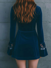Female Zipper V-neck Blue Embroidered Dress