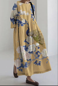 Retro Floral Pocketed Loose Womens Printed Maxi Dress