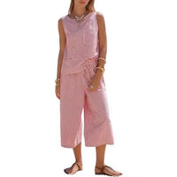 Womens Two-Piece Striped Sleeveless Top And Cropped Wide-Leg Pants Set