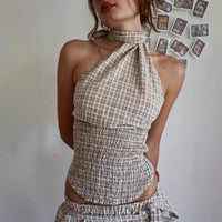 Stylish Plaid Halter-Neck Cami With Lace-Up A-Line Culotte Set