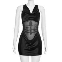 Solid-color Sexy Woven Spliced Mesh Sleeveless Slim-fit Short Dress
