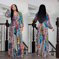 Fashion Printed Flared Long-sleeved Jumpsuit Wide Leg Pants