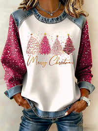 Womens Casual Floral Denim Patchwork Hoodie Top