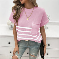 Women's Temperament Leisure Commute Style Printed Striped Pocket Sweater With Short Sleeves