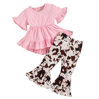 Small And Older Children's Short Sleeve Top With Swing Leopard Print Flared Pants Girls' Suit