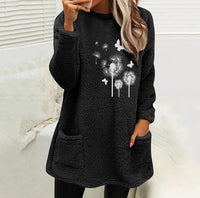 Women's Printed Round Neck Pullover Long Sleeve Pocket Double-sided Velvet Sweatshirt