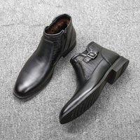 Men's Belt Buckle Side Zipper Plush Boots
