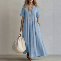 Casual Loose V-Neck Short-Sleeve Pleated Cotton-Linen Dress