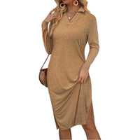 V-neck Long-sleeve Dress For Women Simple Solid-color Casual Style With A Slit