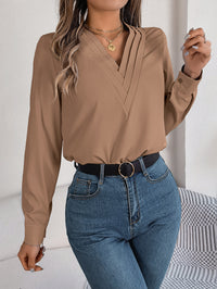 Elegant Solid Color Layered V-Neck Long Sleeve Blouse