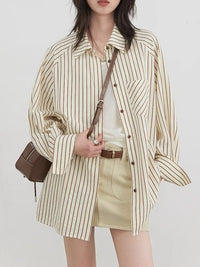 Color-block Vertical-striped Raglan-sleeve Loose-fit Shirt