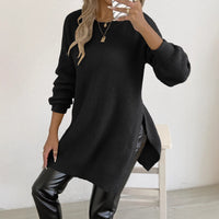 Crew-neck Pullover Slit Design Machine-knit Casual Sweater