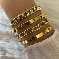 Open Bangle And Glossy Letter Bracelet Set