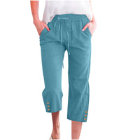 Womens Solid-Colored Drawstring Cotton-Linen Casual Loose-Fit Home Cropped Pants With Buttons And Pockets