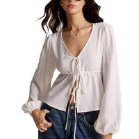 Women's Simple And Elegant Style T-shirt Autumn And Winter Tie Fashion Versatile Long-sleeve Cardigan Top