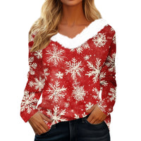 Women's Long Sleeve Christmas Print Party Furry Collar V-Neck Top