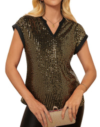Womens Sequin V-Neck Short-Sleeve Party Top Shirt