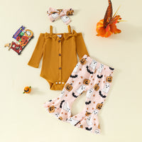 Women's Off-shoulder Romper Printed Flared Pants Three-piece Set