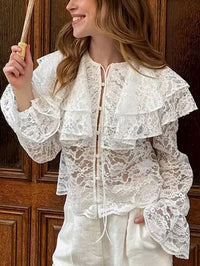 Lace Sheer Double-layer Ruffle-neck Blouse