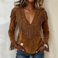 Tasseled Suede V-Neck Fashionable Slim-Fit Womens Blouse