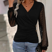 Womens Solid-Color Patchwork Lace Loose Cross-Over T-Shirt Top