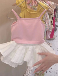 Girls' Summer Sleeveless Love Thin With Shoulder-straps All-match Cake Pleated Skirt