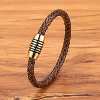 Men's 6mm Stainless Steel Magnetic-Clasp Leather Braided Bracelet