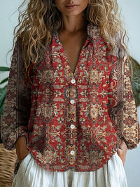 Ethnic-style Geometric-print Long-sleeve Womens Shirt