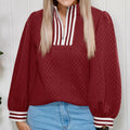 Racing Red Diamond-Texture Striped Patchwork Zip-Neck Pullover Sweater