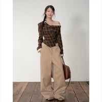 Plaid Off-the-Shoulder Fake Two-Piece Long-Sleeve Shirt For Women