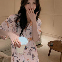 Simple Cat Cartoon Print Thin Pajamas Women