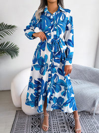 Women's Floral Print Lapel Tie Waist Shirt Maxi Dress