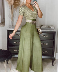 Short Sleeved Striped Tight Wide Leg Jumpsuit