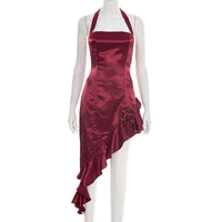 Solid-color Sleeveless Halter-neck Asymmetrical Slim-fit Dress For Women