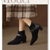 Pointed-toe Suede Belt-strap Mid-heel Ankle Boots