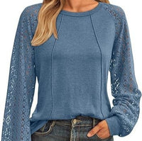 Women's Lace Patchwork Round Neck Pleated Long Sleeve Top