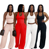 European And American Style Summer Solid Color Casual Halter Top And High-Waist Wide-Leg Pants With Pockets