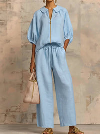 Solid-color Casual Loose-fitting Zip-up Sweatshirt And Straight-leg Pants Set