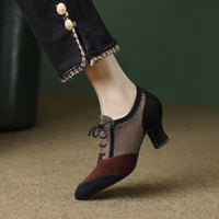 Front Tie Deep Opening Color-blocking Retro High-heel Leather Shoes