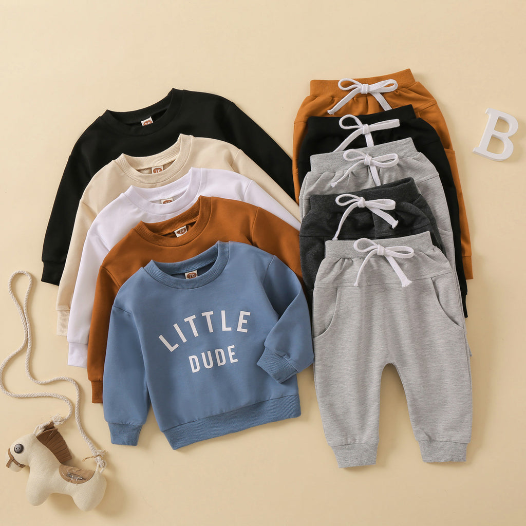 Children's Clothing Round Neck Letter Print Top Solid Color Trousers