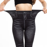 Womens Fashionable Pleated Printed Faux Denim Leggings