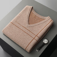 Men's Striped Pullover V-neck Knitted Sleeveless Pure Wool Top