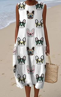 Pocketed Crew-neck Dress With Geometric And Floral Elements