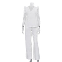Cotton V-neck Flutter Sleeve Top And Trousers Loose Two-piece Casual Set