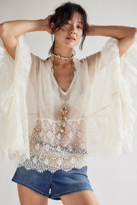 Womens Mesh Blouse With Batwing Sleeves Loose-Fit Beach Sun-Protective Top Patchwork Lace Blouse
