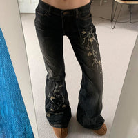 Retro Chinese Plant Flower Embroidery Washed Wear-white Low Waist Straight Skinny Jeans