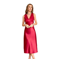 Womens Summer Ice Silk Fashionable Comfortable Solid-Color Long Camisole Nightdress