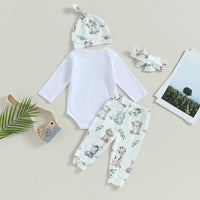 Children's Baby Letter Long-sleeve Jumpsuit Trousers Hat Hair Band Four-piece Set