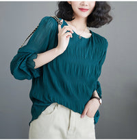Pleated Bell Sleeve Chiffon Shirt Loose Long Sleeve Top