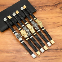 Lion Ox Head Tiger Heavy-Duty Stainless Steel Genuine Leather Magnetic-Clasp Mens Bracelet